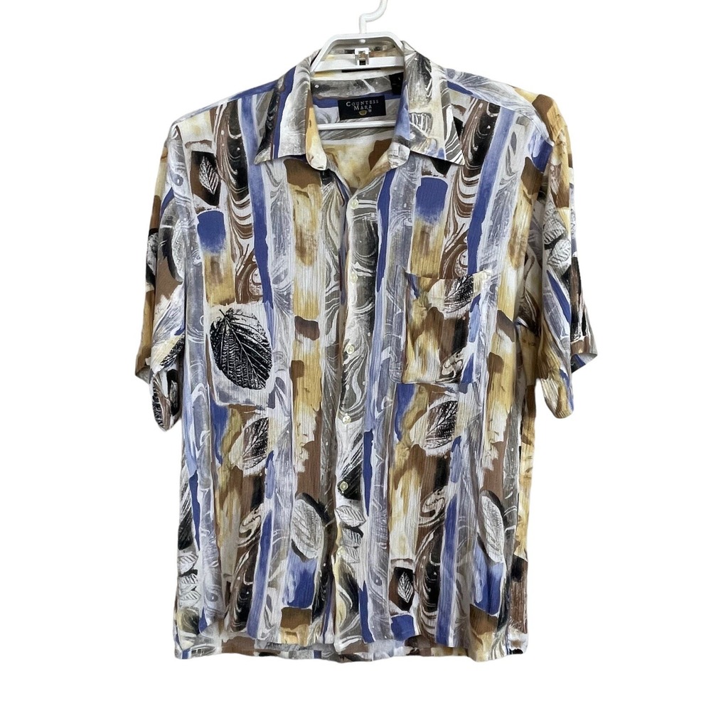 Countess Mara Men's Short Sleeve Shirt Size L Brown Blue Black Leaf‎ Casual Top